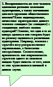 Прямоугольная выноска: 2. Воспринимается ли этот человек одинаково разными целевыми аудиториями, а также значимыми для него группами общественного мнения? Какие индивидуальные, личностные характеристики данного человека совпадают (не совпадают) с ожиданиями наиболее важных аудиторий? Понятно, что одна и та же манера одеваться или говорить будет по-разному оцениваться различными аудиториями. Например, человека с серьгой в носу рокеры посчитают «правильным», а бизнесмены - «несерьёзным». Соответственно, приемлемость или неприемлемость серьги как одного из элементов имиджа будет зависеть от того, какая из этих групп является значимой в данном случае.