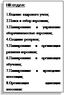 Подпись: HR отдел:
1.Ведение кадрового учета;
2.Поиск и отбор персонала;
3.Планирование и управление оборачиваемостью персонала;
4.Создание резервов;
5.Планирование и организация развития персонала;
6.Планирование и организация обучения;
7.Планирование и проведение аттестации;
8.Организация адаптации персонала;

